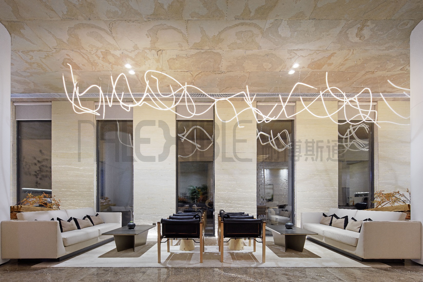 砂岩肌理系列休憩區牆面與天花完整應用照|Sandstone Texture Series lounge wall and ceiling