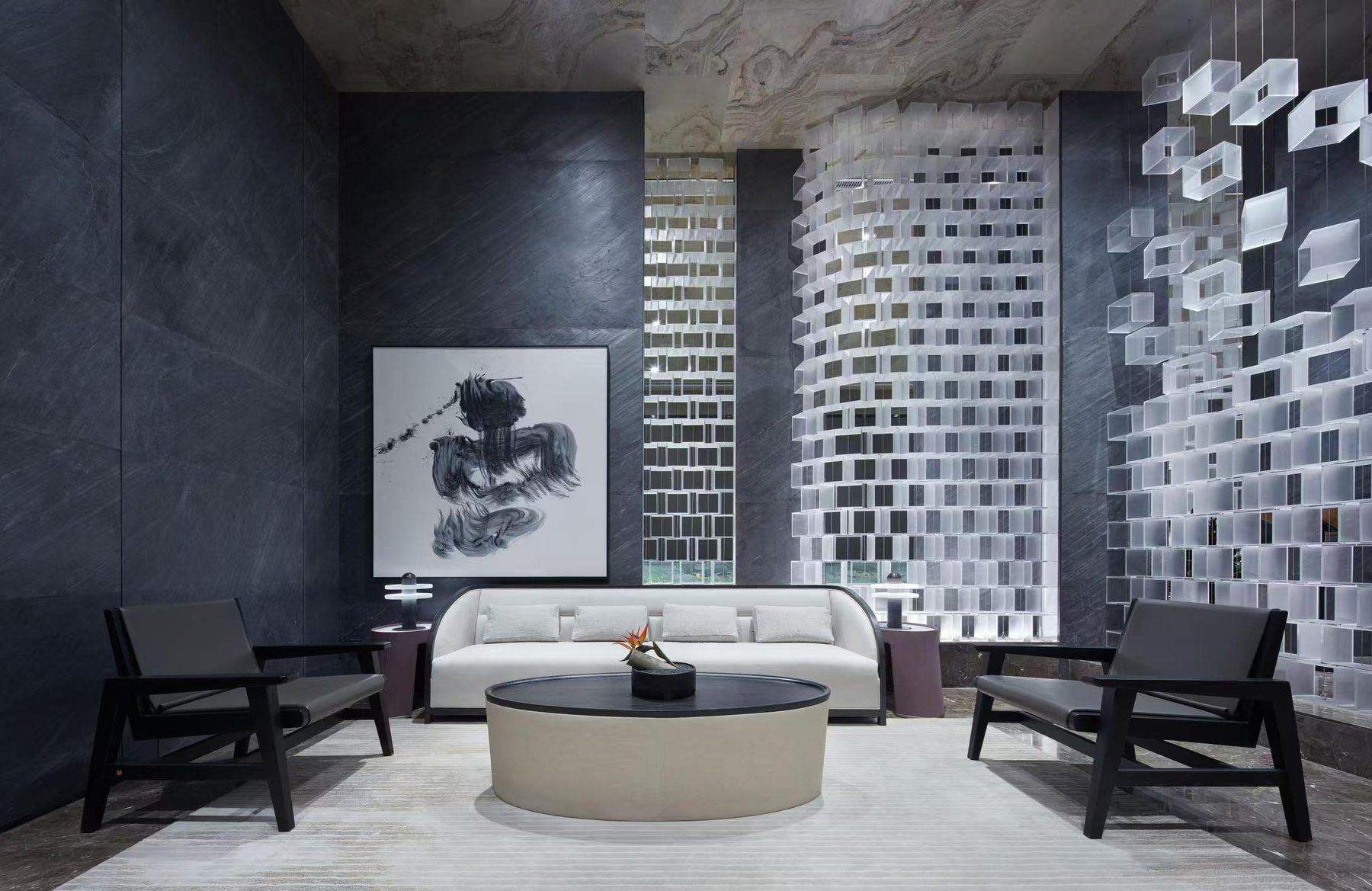 客廳深色石牆|Living room in dark stone