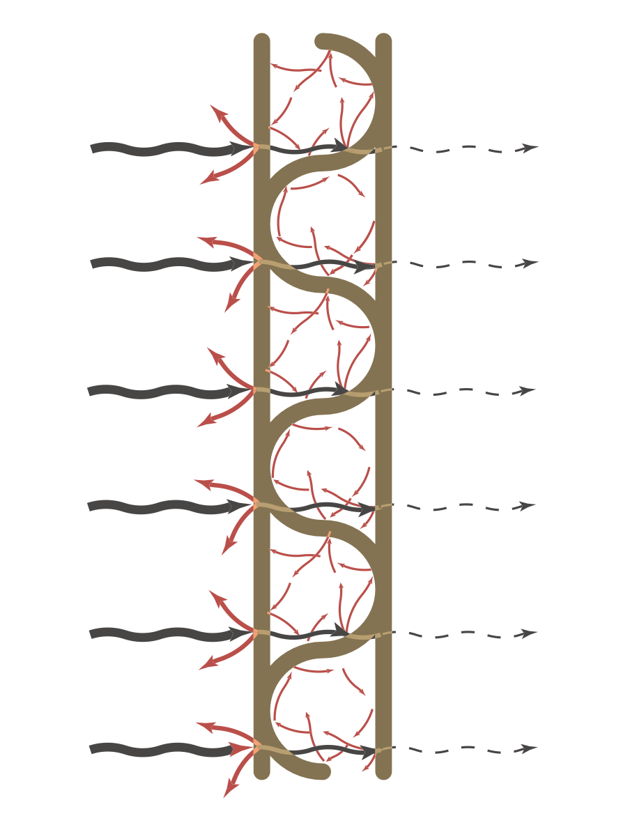 Diagram illustrating how sound waves are interrupted and scattered through continuous eggshell topology curves versus passing straight through tubular hollow channels